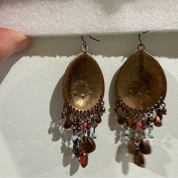 VTG Dangle Earrings Southwestern Teardrop Drop Stones Multicolor Metal Chains - Picture 3 of 4